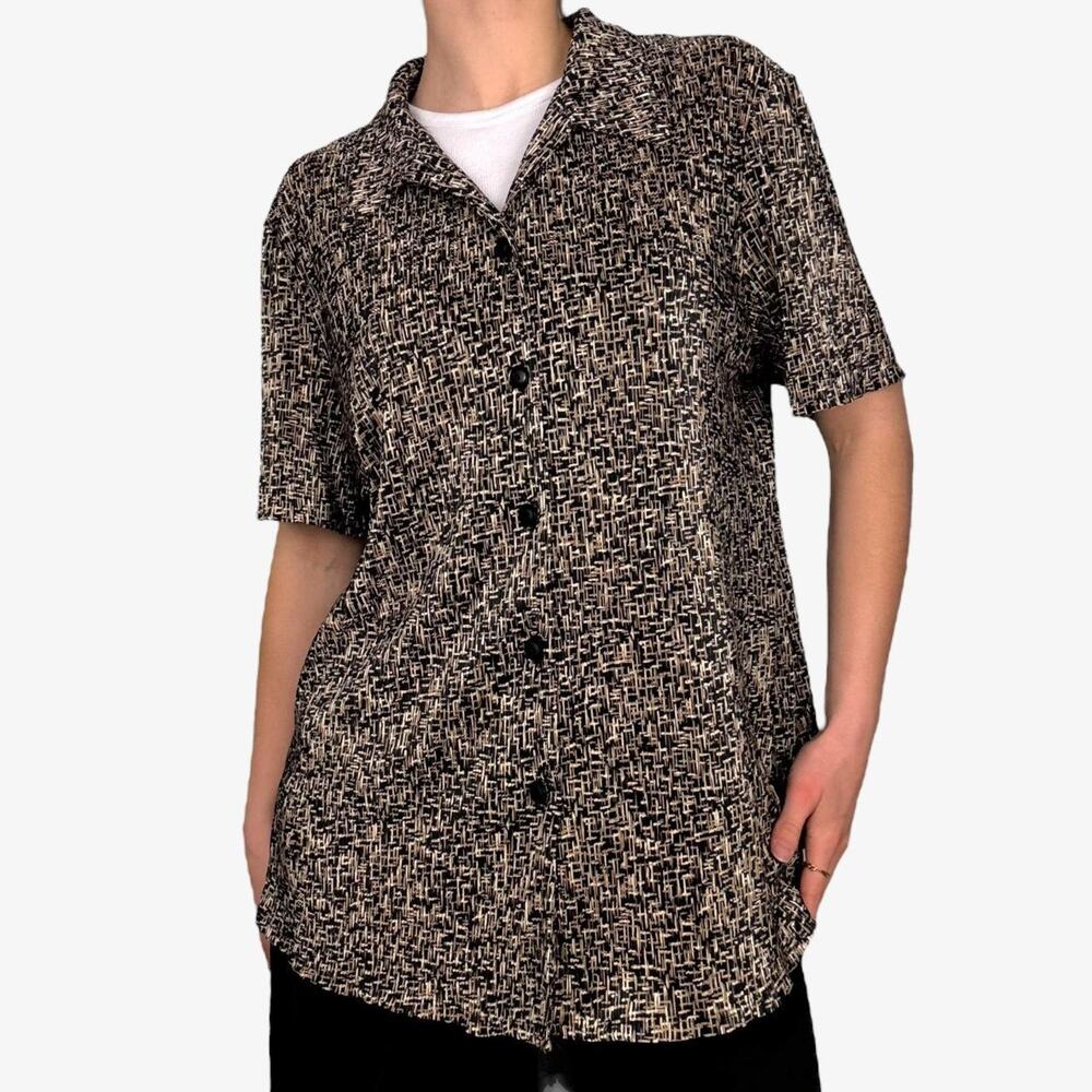 Black gold silky button up shirt short sleeve